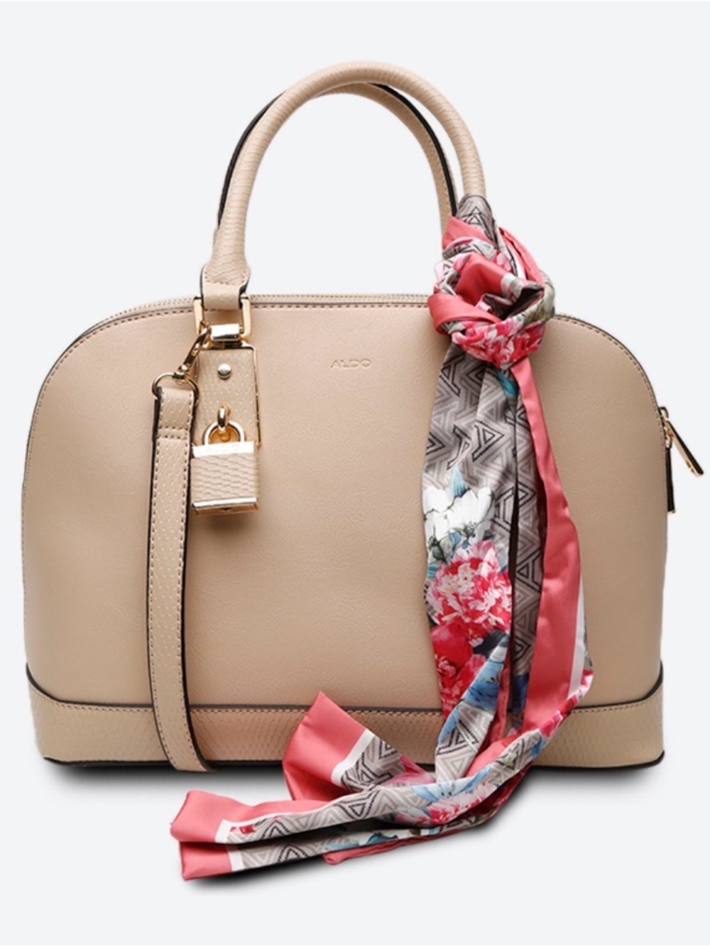 ALDO Beige Satchel with Coral Floral Scarf Accent